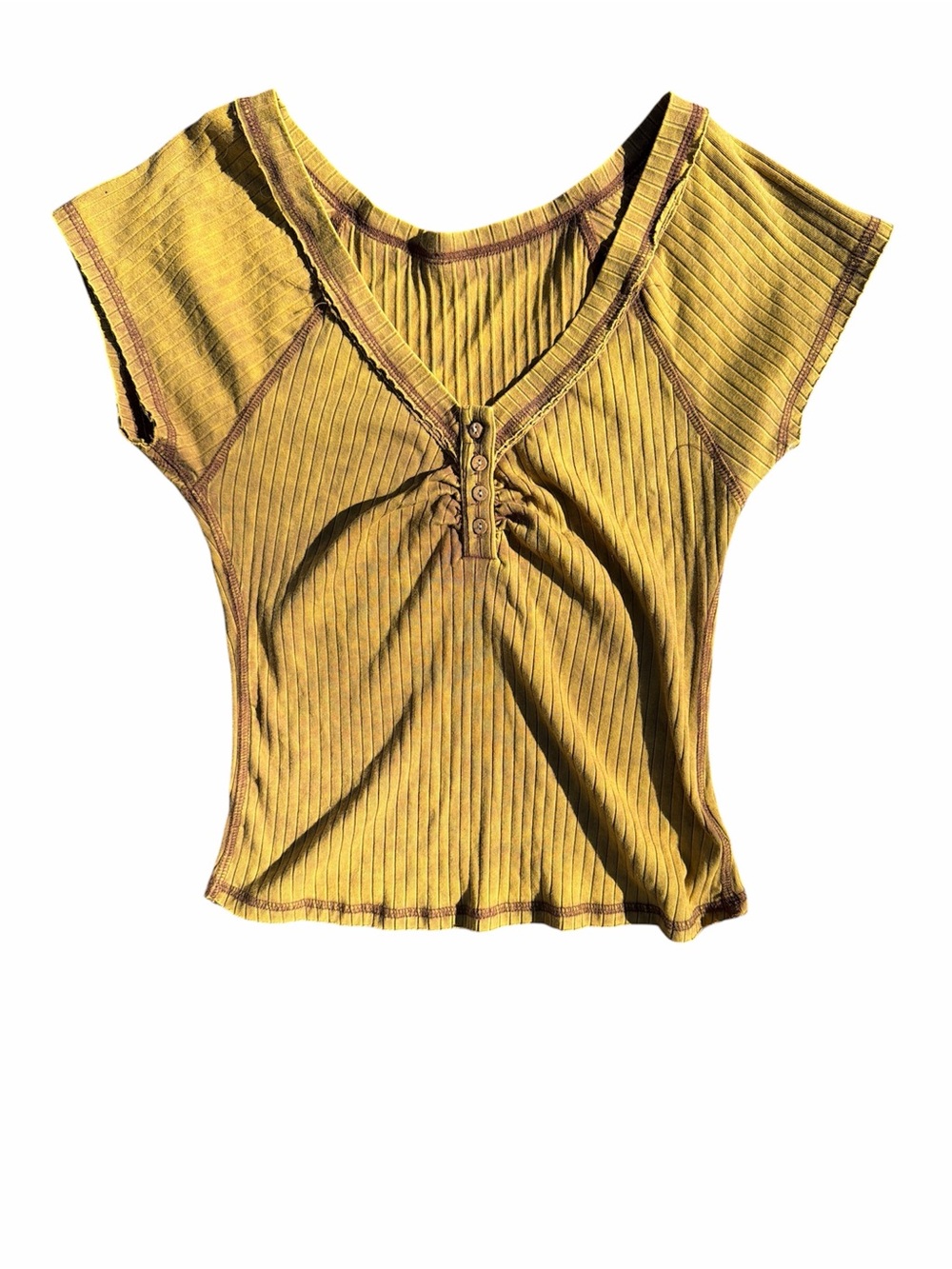 SHEIN Mustard Ribbed V-Neck Cap Sleeve Top with Button Placket